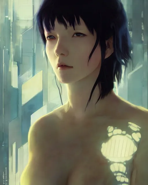 Prompt: still from ghost in the shell if made by krenz cushart and wenjun lin, portrait, illustration, rim light, top light, summer clear blue sky, perfectly shaded, soft painting, epic, intricate, art