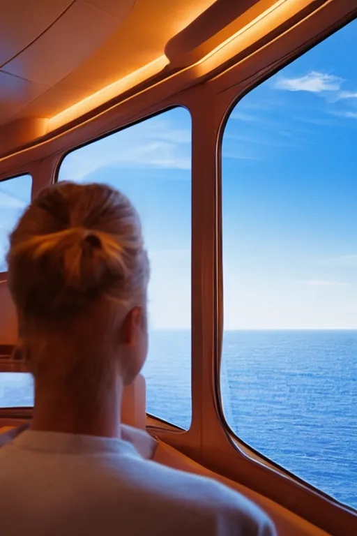 Image similar to a person looking out from a window in a cruise ship cabin