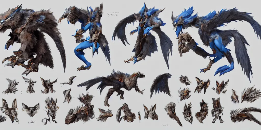 Image similar to Azure feathered winged wolf character design sheet, Monster Hunter Illustrations art book, big claws, huge wings, long tail, Moebius, Greg Rutkowski, Zabrocki, Karlkka, Jayison Devadas, Phuoc Quan, trending on Artstation, 8K, ultra wide angle, zenith view, pincushion lens effect.