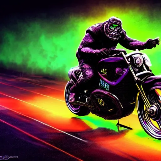 Prompt: psychedelic blacklight neon airbrush artwork, motorcycle, hyper stylized cinematic action shot of an orc racing on a motorcycle, menacing orc, drifting, skidding, wheelie, clear focused details, soft airbrushed artwork, black background, post apocalypse, cgsociety, artstation