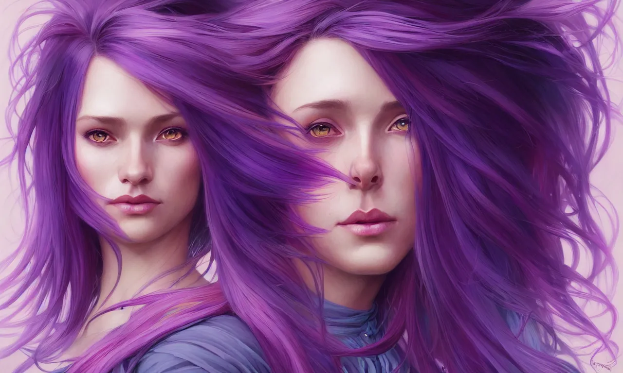 Image similar to Portrait of a woman with bright colored flying hair, all shades of purple. Hair coloring, amber eyes, face, long hair, fantasy, intricate, elegant, highly detailed, digital painting, artstation, concept art, smooth, sharp focus, illustration, art by artgerm and greg rutkowski and alphonse mucha