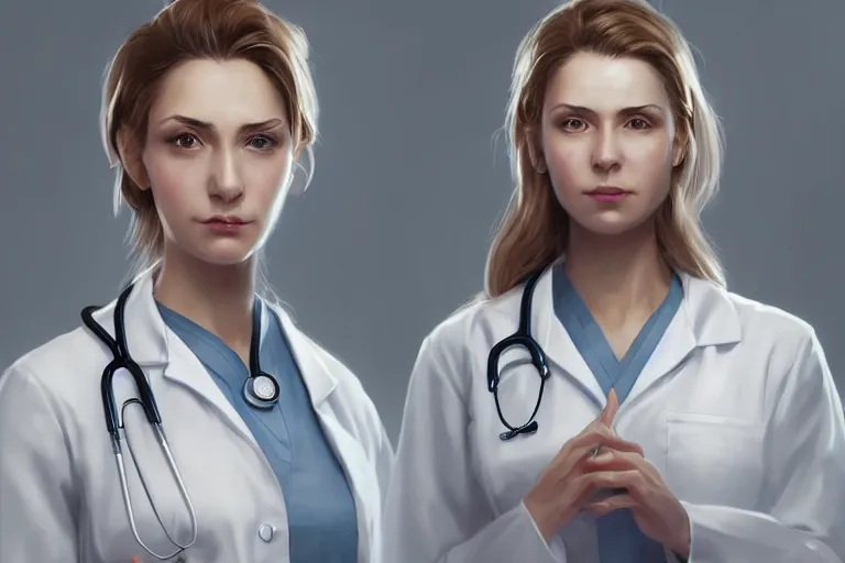 Image similar to an elegant and beautiful female doctor in a white coat working in a hospital ward, cinematic, highly detailed, digital painting, artstation, concept art, matte, sharp focus, illustration, art by artgerm and greg rutkowski