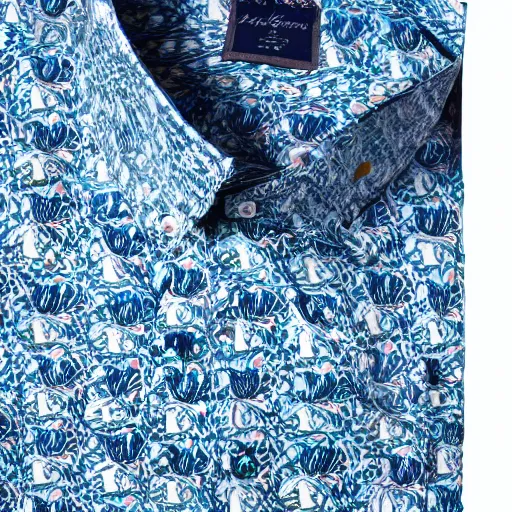 Image similar to Robert Graham shirt inspired by great white sharks, print detail, product photography