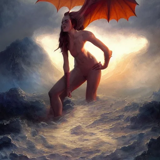 Prompt: A beautiful oil painting of a girl in a bikini in a dragons mouth by Lucas Graciano, Frank Frazetta, Greg Rutkowski, Boris Vallejo, epic, fantasy, character art, high fantasy