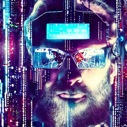 Image similar to Beautiful Photo of Arduino Uno in the robot's head. beard man. Cyberpunk. splatterpunk. 4K