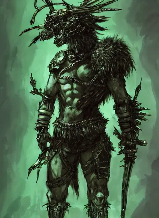 Image similar to Full body portrait of a gnoll warrior with a armour made of bones, emanating with green aura. In style of Yoji Shinkawa and Hyung-tae Kim, trending on ArtStation, dark fantasy, great composition, concept art, highly detailed, dynamic pose.