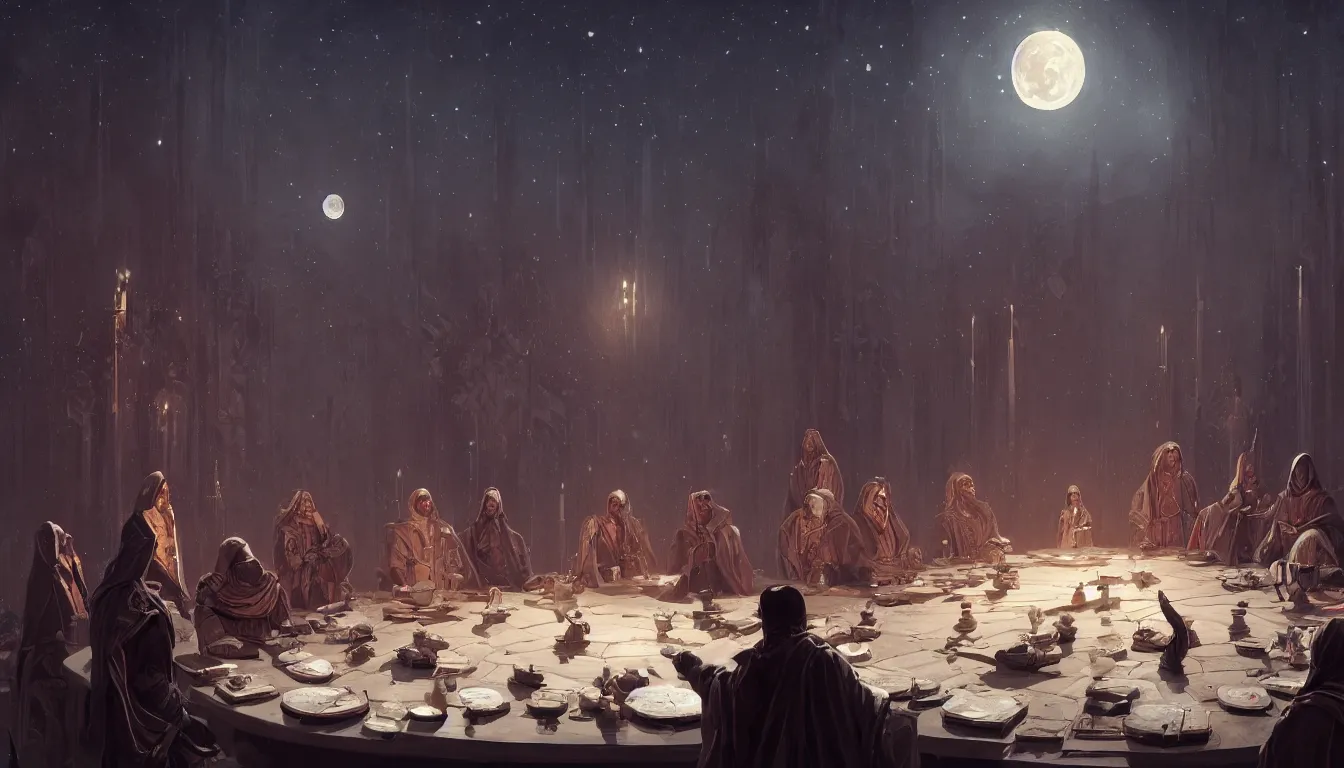 Image similar to A meeting of the council of elders, robed figures sat around a table, beautiful architecture, night time, stars visible, beautiful moon light, concept art, fantasy art, painted by Greg Rutkowski, trending on artstation, highly detailed, 8k