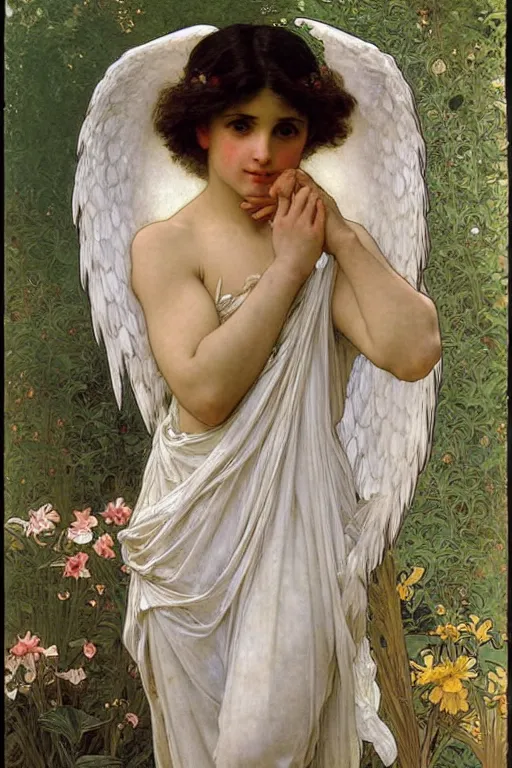 Image similar to portrait of a beautiful angel with large feather wings, intricate, elegant, hyperdetailed by alphonse mucha and william - adolphe bouguereau and john william waterhouse