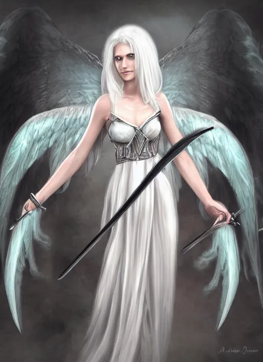 Image similar to a woman angel with white hair and wings holding a sword, a digital rendering by Anne Stokes, deviantart, fantasy art, deviantart hd, deviantart, angelic photograph