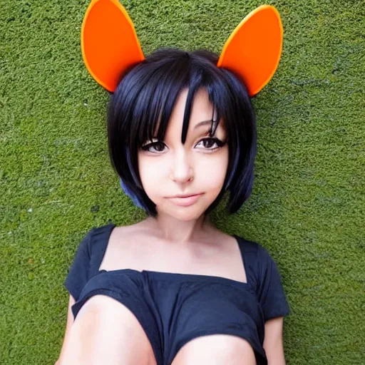 Image similar to cute anime girl with dark skin, black hair, wolf ears and glowing orange eyes