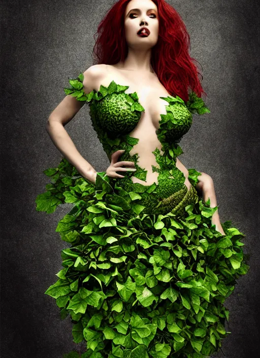 Prompt: expressive full body photo of the poison ivy, dress made of cabbages, glamour shot, by karol bak, stefan gesell, photorealistic, nikon d 4 x, fashion photography, hyper maximalist, elegant, ornate, luxury, elite, environmental portrait, symmetrical features, octane render, unreal engine, solid dark grey background, dramatic lights