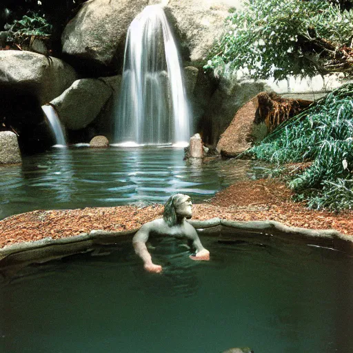 Prompt: the legend of big sir large smooth monster bathing in a small pond with a waterfall, big sur, film still