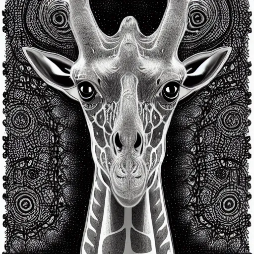 Prompt: a symmetrical portrait illustration of a giraffe hand drawn sketch on artstation 4 k intricate extremely detailed digital art by alex grey