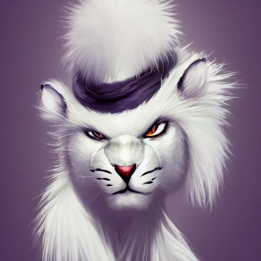 Prompt: portrait of a cartoon white panter with a very long fur and silver hat, fantasy, trending on artstation, heroic pose, illustration, highly detailed, simple, 8k