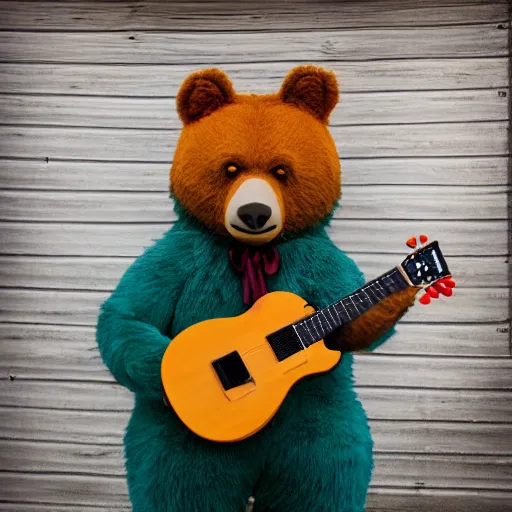 Image similar to a photograph of a bear poorly cosplaying as a bear, he is holding a guitar, vivid color, 50mm