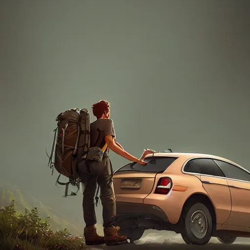 Prompt: hiker unloading the car before camping, by roman shipunov, cgsociety, cynical realism, fantasy art, 2 d game art