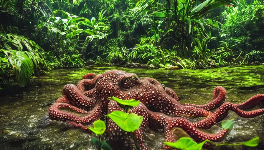 Image similar to a rainy foggy jungle, river with low hanging plants, there is a giant coral colored octopus in the water, great photography, ambient light