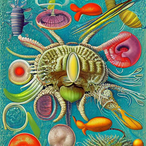 Prompt: Scientific diagram of the Krabby Patty secret formula, by Ernst Haeckel, medical illustration, oil on canvas