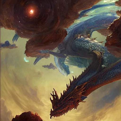 Prompt: Blue scaled dragon, European dragon, devouring an earth like planet in space, sun system, nebula, oil painting, by Fernanda Suarez and Edgar Maxence and Greg Rutkowski