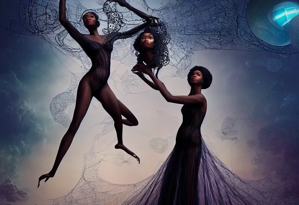 Prompt: realistic detailed portrait movie shot of a beautiful black woman in a transparent sheer fabric dress dancing with a giant spider, futuristic sci fi landscape background by denis villeneuve, monia merlo, yves tanguy, ernst haeckel, alphonse mucha, max ernst, caravaggio, roger dean, sci fi necklace, masterpiece, dreamy, rich moody colours