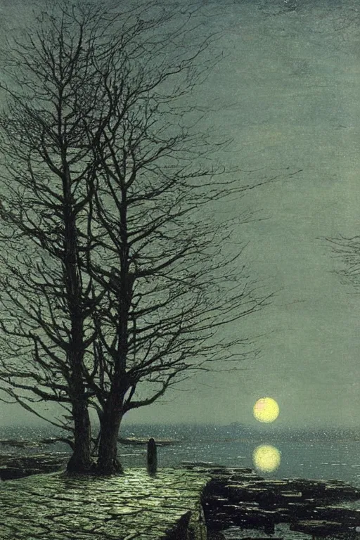 Prompt: a winter tree temple on a rock at sea, moon sky at night, john atkinson grimshaw