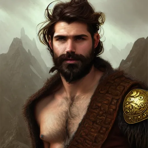 Image similar to brown haired rogue, portrait, rugged, muscular, bearded, male, city landscape, norway, d & d, fantasy, intricate, elegant, highly detailed, digital painting, brown and gold color palette, cloth, octane render, concept art, matte, sharp focus, illustration, herrarthstone, art by artgerm and greg rutkowski and alphonse mucha