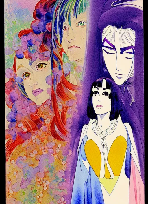 Prompt: vintage 7 0 s anime watercolor by geoff darrow, a portrait of a lady with colorful face - paint enshrouded in an impressionist watercolor, representation of mystic crystalline fractals in the background by william holman hunt, art by cicley mary barker, thick impressionist watercolor brush strokes, portrait painting by daniel garber, minimalist simple pen and watercolor