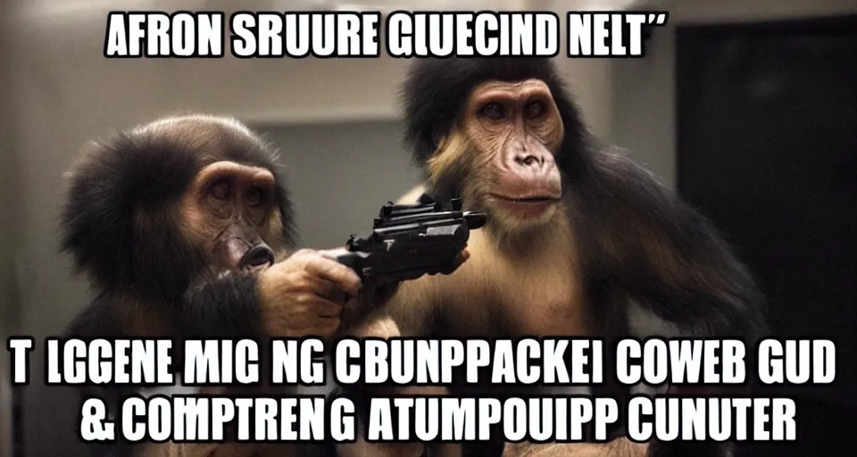 Prompt: Ape Pointing Gun at a Computer Meme