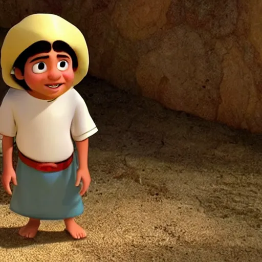 Prompt: 17 year old middle eastern skinned boy with reddish complexion in Biblical clothing as seen in Disney Pixar's Up (2009)