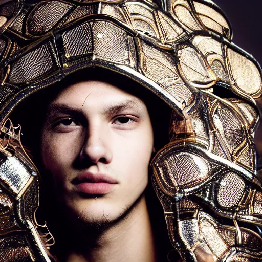 Prompt: a portrait of a beautiful young male wearing an alexander mcqueen armor made of circuits, photographed by andrew thomas huang, artistic