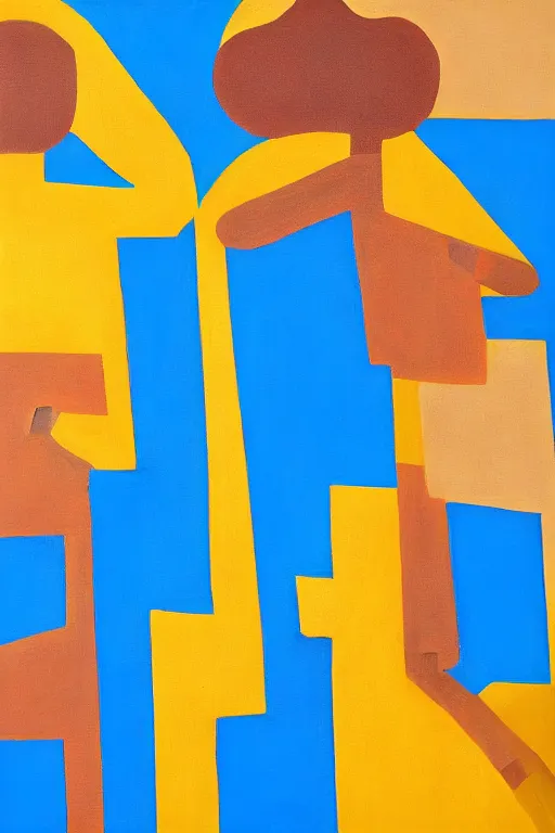 Image similar to neo cubistic painting of two tall figures, sandy yellow and some light blue, muted colors