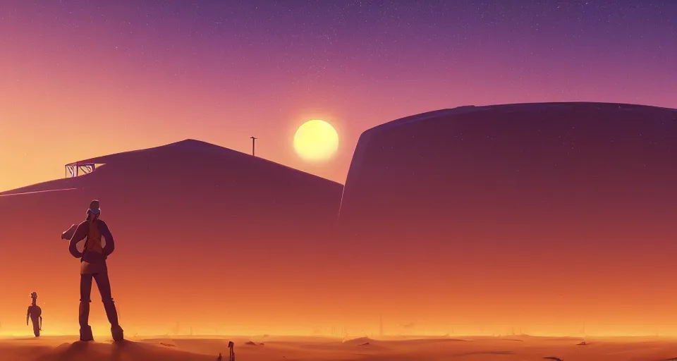 Image similar to Double Sunset over a desert, large twin sunset, cinematic, rendered by simon stålenhag, rendered by Beeple, Makoto Shinkai, syd meade, inspired by Gundam, environment concept, digital art, unreal engine, 3 point perspective, WLOP, trending on artstation, low level, 4K UHD image, octane render,