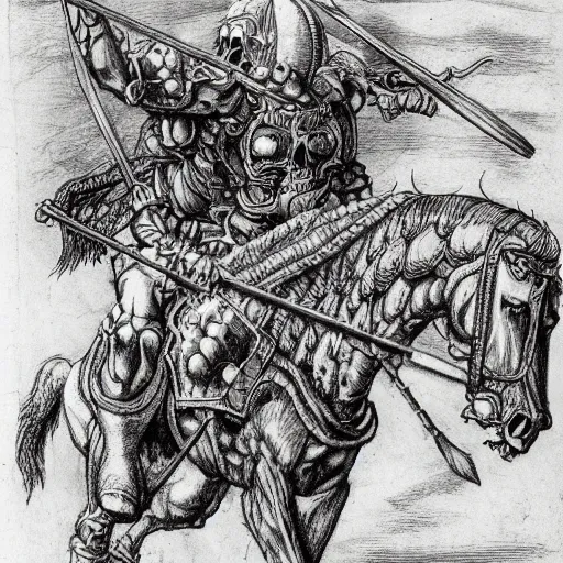 Image similar to skeleton warrior in a fire horse with a very ornate armor, very detailed, complex drawing, hyper detailed, renaissance, monochrome, albert durer style