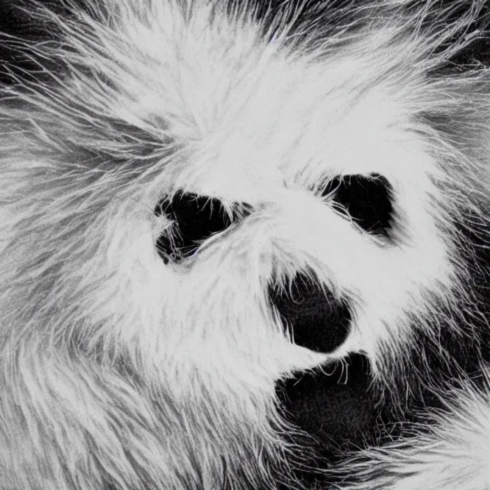 Image similar to a still frame from comic strip girl white fluffy hairy fur face, symmetrical, skin is made of white fluffy hairs, eyes made of snowflakes, close up 1 9 9 0, new yorker illustration, monochrome contrast bw, lineart, manga