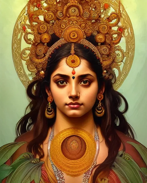 Prompt: portrait of a gaea goddess, upper body, decorated with hindu aesthetics, hindu, traditional art, intricate, elegant, highly detailed, digital painting, artstation, concept art, smooth, sharp focus, illustration, art by artgerm and greg rutkowski and alphonse mucha, 8 k