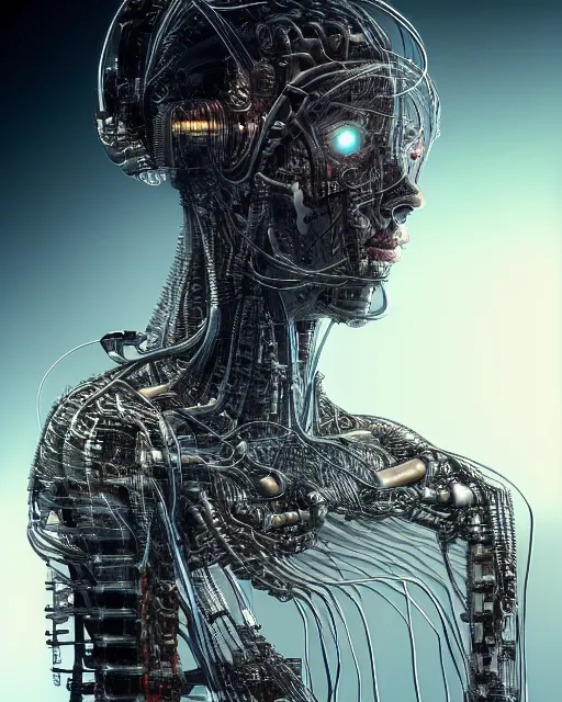 Image similar to portrait photo of a biomechanical torso of an elegant cyborg plugged into a quantum computer with cables and wires and optic fibers. cyberpunk horror style. art by luis royo. highly detailed 8 k. intricate. nikon d 8 5 0 5 5 mm. award winning photography.