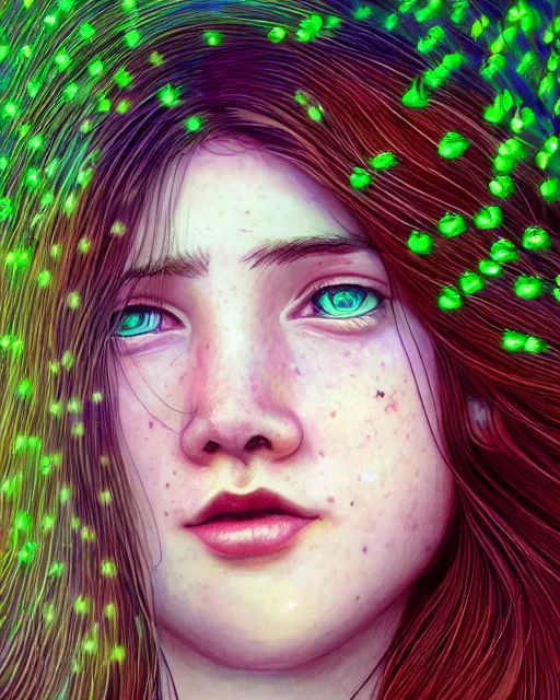 Image similar to shy young woman, smiling, amazed by the lights of golden fireflies, sitting in the midst of nature fully covered, long loose red hair, intricate linework, dreamy green eyes, small nose with freckles, oval shape face, realistic, expressive emotions, dramatic lights, spiritual scene, hyper realistic ultrafine digital art by james jean and albert bierstadt and artgerm