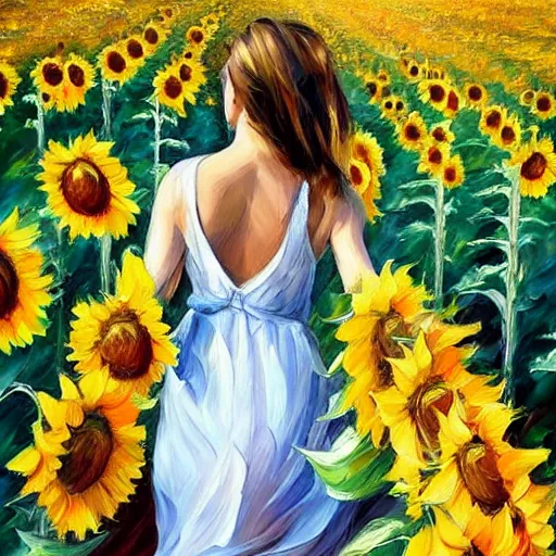 Image similar to a girl slowly walking through amazing tall sunflower field, her hair flowing down, subtle, intricate details, real masterpiece, oil on canvas, by leonid afremov