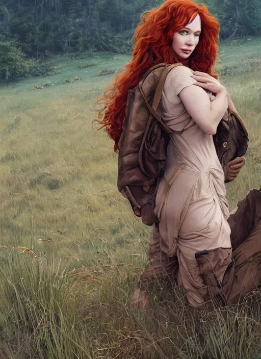 Image similar to Christina Hendricks taking a rest in a meadow after an long adventure, a ruggedly muscled handsome heroine, intricate, elegant, highly detailed, centered, digital painting, artstation, concept art, smooth, sharp focus, illustration, artgerm, donato giancola, Joseph Christian Leyendecker, WLOP, Artgerm, thunder storm