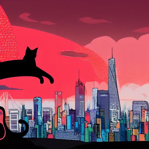 Prompt: a black cat wearing a red coat and glasses sitting atop a hill overlooking a vibrant futuristic city, digital art, detailed