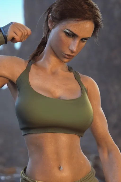 Image similar to olive skinned lara croft model in her twenties, wearing a low cut sport gym, sweat, looking content, focused on her neck, photo realistic, extreme detail skin, natural beauty, no filter, slr, golden hour, 4 k, high definition, selfie