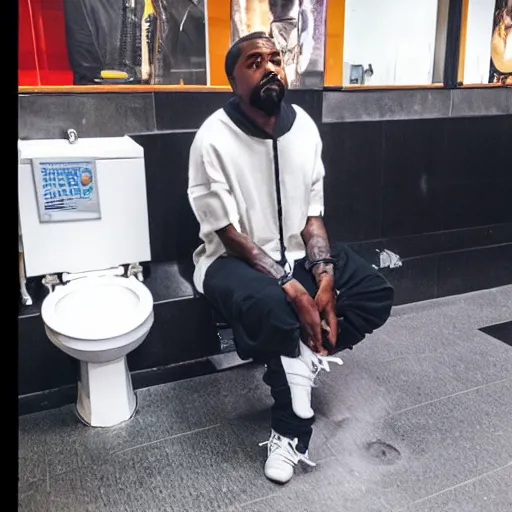 Image similar to kanye west sitting in a public toilet