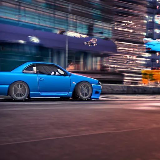 Image similar to bayside blue r 3 4, cinematic, motion blur, photorealistic