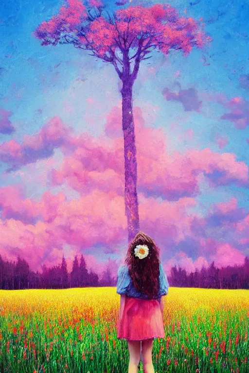 Image similar to flower face, girl standing in flower field, surreal photography, big trees, sunrise dramatic light, impressionist painting, colorful clouds, digital painting, pointillism, artstation, simon stalenhag