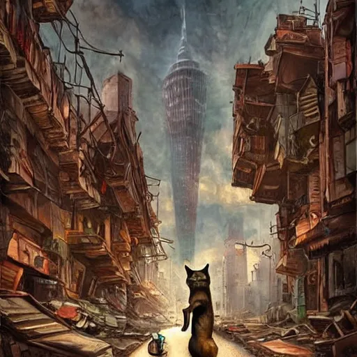 Prompt: gigantic cat walking on apocalyptic city, very detailed fine art, trend of artistation, style of jazinski and repin