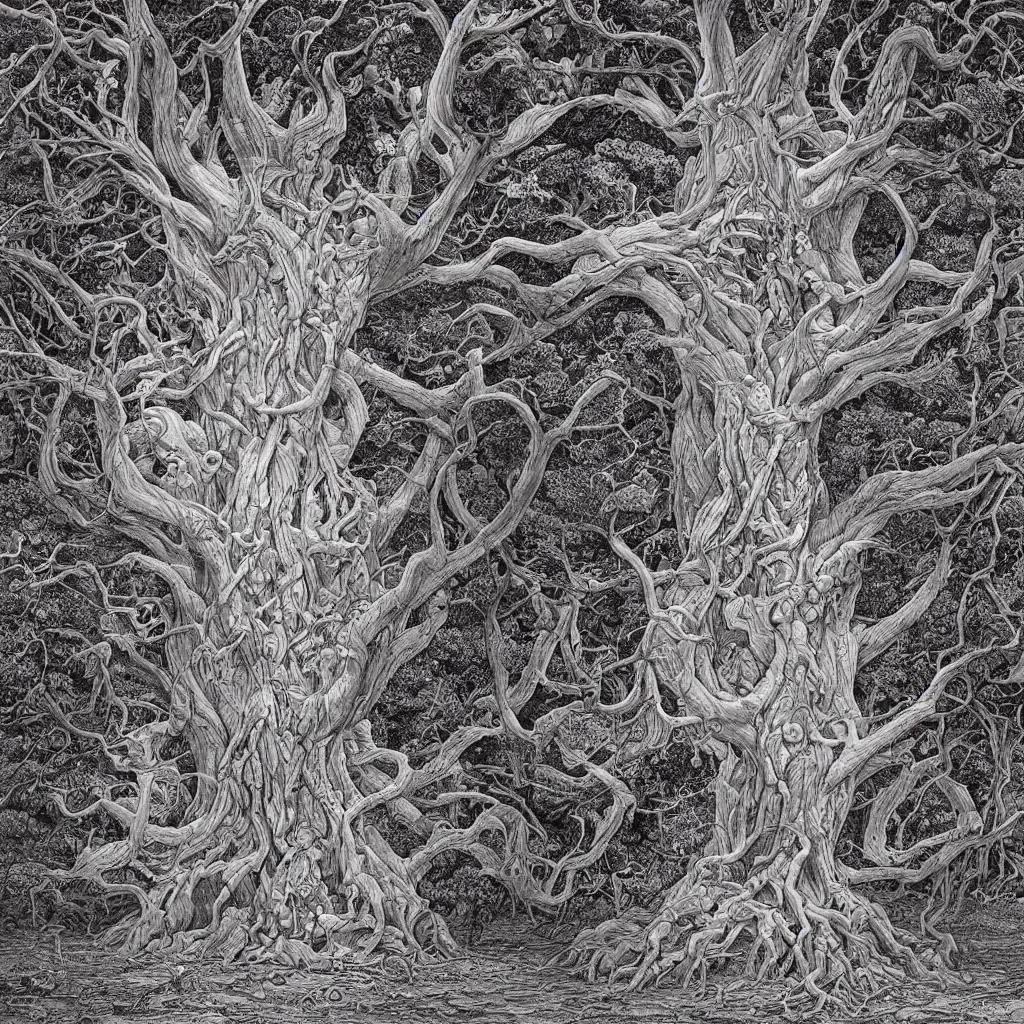 Prompt: tree of life, yggdrasil, by moebius, by laurie lipton