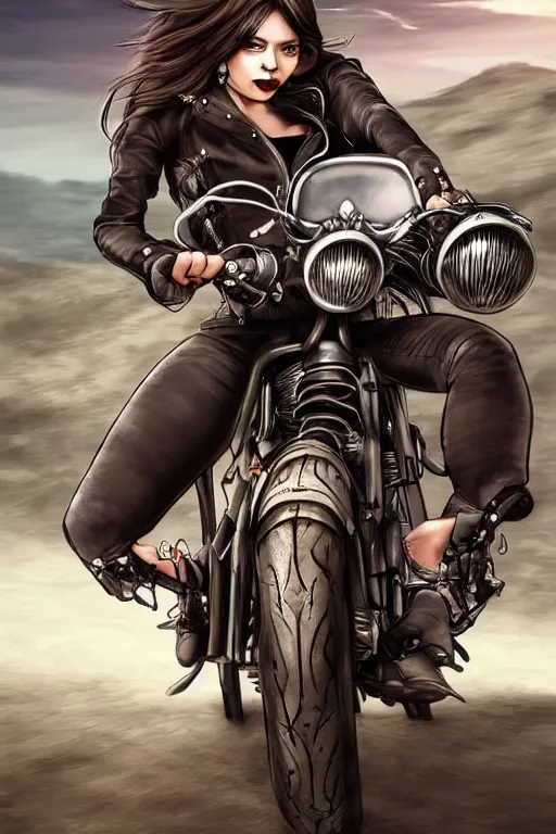 Image similar to woman ride skull motorcycle, high definition, 8 0 m. m lens, realistic, art by jacqueline e, mongezi ncaphayi, color by bo feng lin, trending deviantart