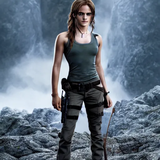 Image similar to Emma Watson full shot modeling as Lara Croft, (EOS 5DS R, ISO100, f/8, 1/125, 84mm, postprocessed, crisp face, facial features)