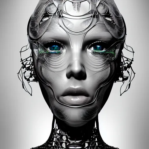 Image similar to closeup portrait of an absurdly beautiful, graceful, sophisticated, fashionable cyberpunk mechanoid gravure idol, ultrafine hyperdetailed illustration by irakli nadar, matt wisniewski style, marvel comics, intricate linework, porcelain skin, neon jellyfish headdress, ivory carved ruff, unreal engine 5 highly rendered, global illumination, radiant light, detailed and intricate environment