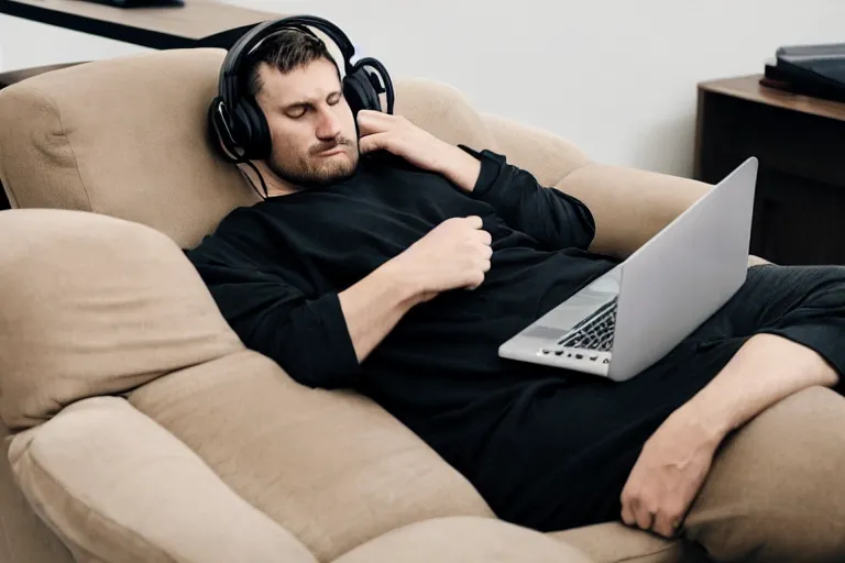 Image similar to a caucasian man who is deep in thought is wearing a white t - shirt and he is wearing black sweat pants and he is wearing headphones and he has a laptop computer sitting on his lap and he is sitting in a brown leather chair and the chair is in the reclining position and the man's legs are resting on the recliner of the chair